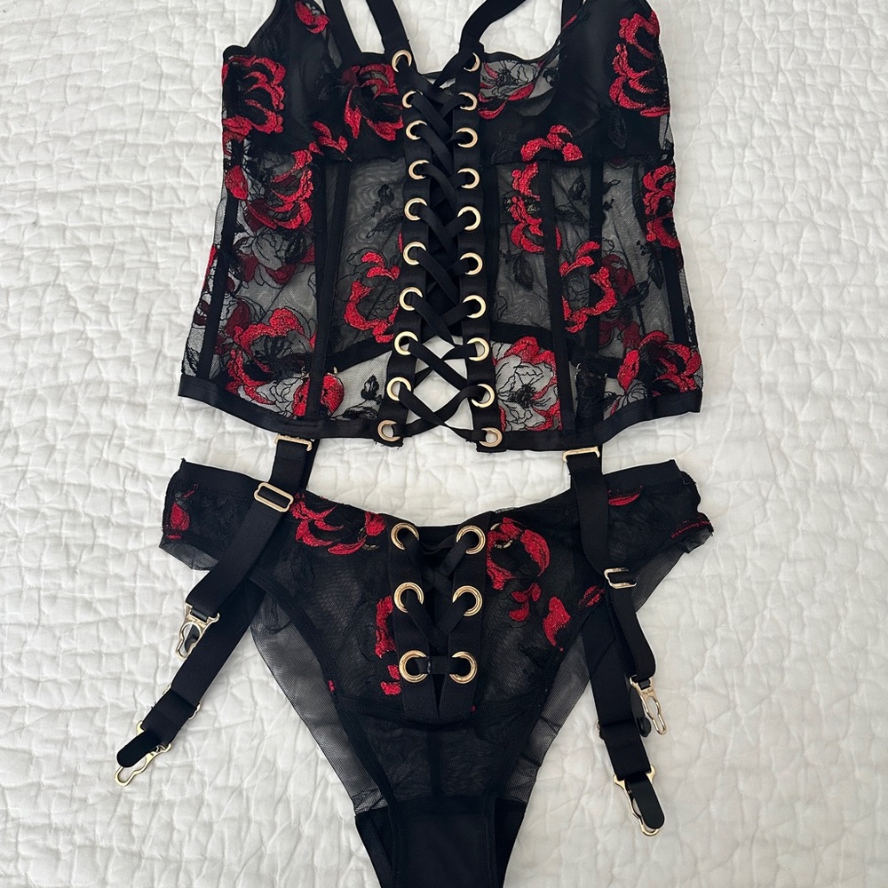 Honey Birdette Freyah - Black and Red Lace Lingerie Set